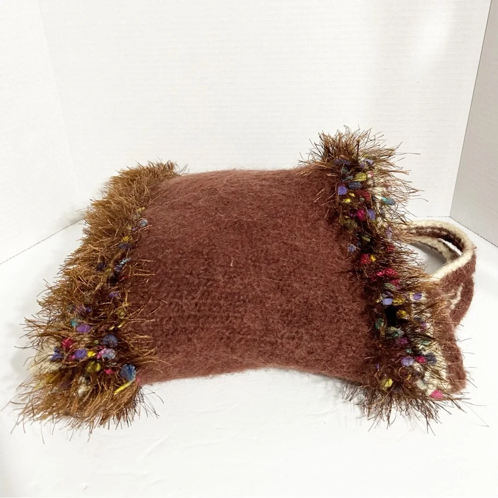 Unbranded Handcrafted Multi Yarn Types Knit Tote Fuzzy Trim Around Top Boil Wool